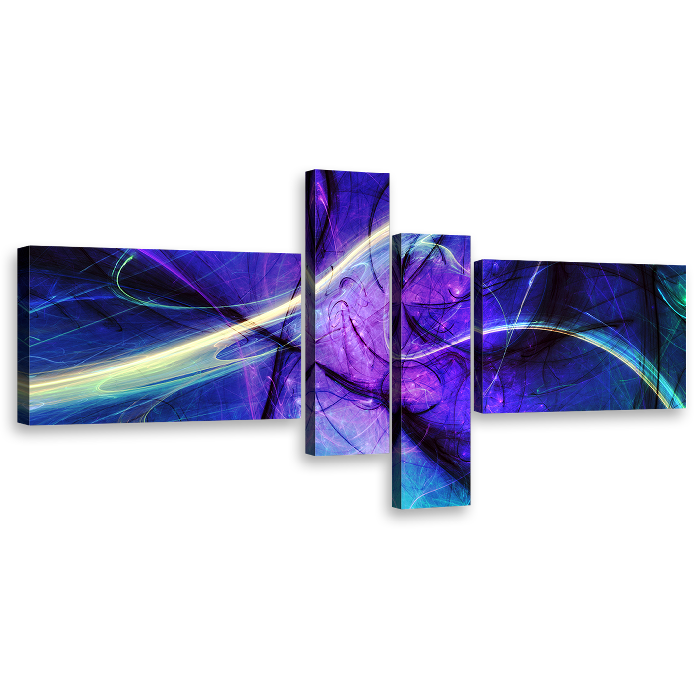 beautiful abstract wall art contemporary blue purple fractal 4 piece multi canvas yellow green light streak canvas print