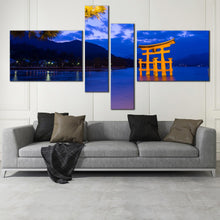 Load image into Gallery viewer, beautiful blue city wall art itsukushima shrine evening canvas print mountain ocean beauty 4 piece multi canvas In Living Room
