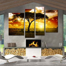 Load image into Gallery viewer, beautiful sunset canvas print african alone tree 4 piece multi canvas brown yellow sky alone tree wall art for Living Room
