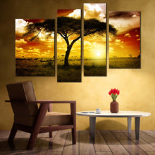 Load image into Gallery viewer, beautiful sunset canvas print african alone tree 4 piece multi canvas brown yellow sky alone tree wall art for Living Your Room
