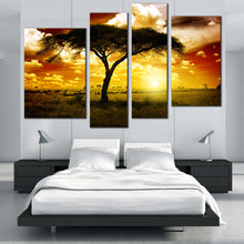 Load image into Gallery viewer, beautiful sunset canvas print african alone tree 4 piece multi canvas brown yellow sky alone tree wall art In Bedroom
