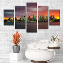 Load image into Gallery viewer, beautiful sydney wall art orange sunset city skyline 5 piece canvas australia green opera house canvas print In Living room
