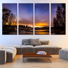 Load image into Gallery viewer, beautiful trees canvas print orange sunset river lake 4 piece canvas wall art In Living Room
