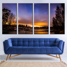 Load image into Gallery viewer, beautiful trees canvas print orange sunset river lake 4 piece canvas wall art In Living room
