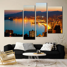 Load image into Gallery viewer, benidorm city canvas print beautiful yellow coastline amazing blue night city beach 4 piece multi wall art In Living Room
