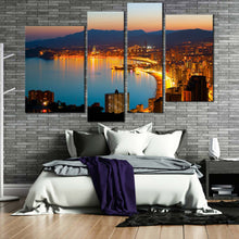 Load image into Gallery viewer, benidorm city canvas print beautiful yellow coastline amazing blue night city beach 4 piece multi wall art for your Bedroom
