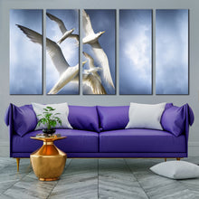 Load image into Gallery viewer, birds ascend wall art majestic white dove soaring canvas set blue sky birds 5 piece canvas print for Living room
