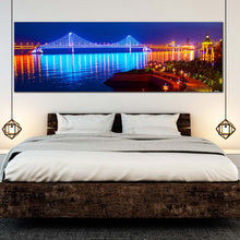 Load image into Gallery viewer, blue  city  beach  wall  art  night  lights  water  reflection  bay  cross  sea  bridge  panoramic  canvas  print  for  bedroom
