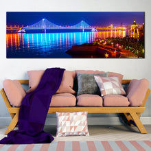 Load image into Gallery viewer, blue  city  beach  wall  art  night  lights  water  reflection  bay  cross  sea  bridge  panoramic  canvas  print  for Living Room
