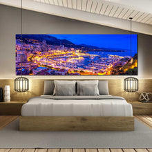 Load image into Gallery viewer, blue  monte  carlo  and  harbor  panoramic  canvas  wall  art  yellow  mediterranean  europe  canvas  print  for  bedroom
