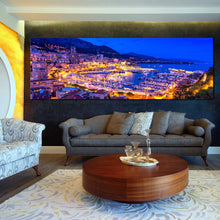 Load image into Gallery viewer, blue  monte  carlo  and  harbor  panoramic  canvas  wall  art  yellow  mediterranean  europe  canvas  print In Living Room
