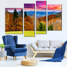 Load image into Gallery viewer, blue mountains landscape canvas print green orange trees 4 piece canvas wall art In Living Room
