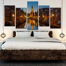 Load image into Gallery viewer, blue sky alkmaar city canvas print netherlands river reflection 4 piece canvas wall art for Bedroom
