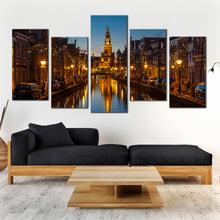 Load image into Gallery viewer, blue sky alkmaar city canvas print netherlands river reflection 4 piece canvas wall art In Living Room
