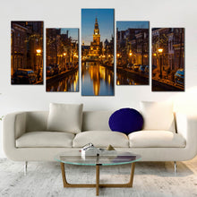 Load image into Gallery viewer, blue sky alkmaar city canvas print netherlands river reflection 4 piece canvas wall art for Living Room
