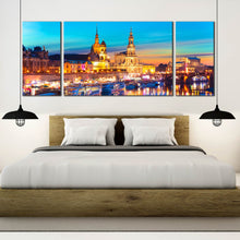 Load image into Gallery viewer, blue  sky  elbe  river  tripthy  canvas  print  gold  dawn  saxony  skyline  canvas  wall  art  for Bedroom
