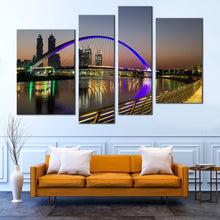 Load image into Gallery viewer, blue tolerance bridge water reflection canvas print dubai bridge canvas print in a 4 piece canvas wall art for Living room
