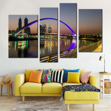 Load image into Gallery viewer, blue tolerance bridge water reflection canvas print dubai bridge canvas print in a 4 piece canvas wall art In Living room
