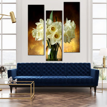 Load image into Gallery viewer, bouquet  in  brown  canvas  wall  art  white  flowers  in  brown  gold  background  glass  vase  with  triptych  design  canvas  print In Living Room
