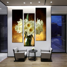 Load image into Gallery viewer, bouquet  in  brown  canvas  wall  art  white  flowers  in  brown  gold  background  glass  vase  with  triptych  design  canvas  print For Your Living Room
