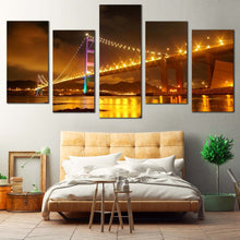 Load image into Gallery viewer, bridge lights wall art hong kong yellow city lights purple green tsing ma bridge 5 piece canvas print for Bedroom
