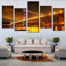 Load image into Gallery viewer, bridge lights wall art hong kong yellow city lights purple green tsing ma bridge 5 piece canvas print for Living Room
