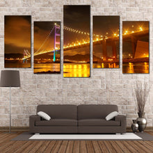 Load image into Gallery viewer, bridge lights wall art hong kong yellow city lights purple green tsing ma bridge 5 piece canvas print In Living Room
