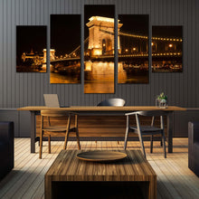 Load image into Gallery viewer, budapest hungary wall art danube river multi canvas gold szechenyi chain bridge 5 piece canvas print In Dining Room
