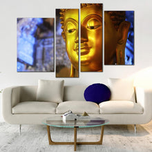 Load image into Gallery viewer, buddha statue canvas print blue background 4 piece multiple canvas gold buddha mind and soul wall art for Living room
