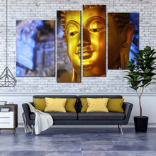 Load image into Gallery viewer, buddha statue canvas print blue background 4 piece multiple canvas gold buddha mind and soul wall art for In Living Room
