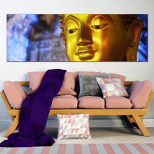 Load image into Gallery viewer, buddha  statue  canvas  print  gold  buddha  mind  and  soul  panoramic  canvas  wall  art  blue  background  1  piece  print In Living Room
