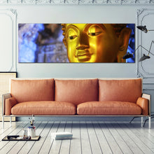 Load image into Gallery viewer, buddha  statue  canvas  print  gold  buddha  mind  and  soul  panoramic  canvas  wall  art  blue  background  1  piece  print  for Living Room
