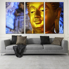 Load image into Gallery viewer, buddha statue canvas wall art gold buddha mind and soul 3 piece canvas print blue background triptych print for Living Room
