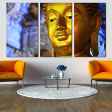 Load image into Gallery viewer, buddha statue canvas wall art gold buddha mind and soul 3 piece canvas print blue background triptych print In Living Room
