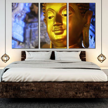 Load image into Gallery viewer, buddha statue canvas wall art gold buddha mind and soul 3 piece canvas print blue background triptych print for your Bedroom
