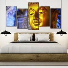 Load image into Gallery viewer, buddha statue wall art blue background 5 piece canvas print gold buddha mind and soul multi canvas for Bedroom
