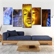 Load image into Gallery viewer, buddha statue wall art blue background 5 piece canvas print gold buddha mind and soul multi canvas for Living Room
