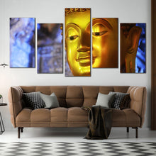 Load image into Gallery viewer, buddha statue wall art blue background 5 piece canvas print gold buddha mind and soul multi canvas In Your Living Room
