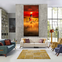 Load image into Gallery viewer, buddha  surreal  canvas  print  red  dawn  sky  vertical  print  orange  gazing  horses  1  piece  wall  art In Living Room
