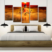 Load image into Gallery viewer, buddha surreal wall art orange gazing horses 5 piece canvasred dawn sky canvas print for Bedroom
