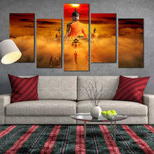 Load image into Gallery viewer, buddha surreal wall art orange gazing horses 5 piece canvasred dawn sky canvas print In Living Room
