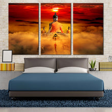 Load image into Gallery viewer, buddha surreal wall art red dawn sky 3 piece canvasorange gazing horses triptych canvas print for Bedroom
