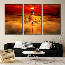 Load image into Gallery viewer, buddha surreal wall art red dawn sky 3 piece canvasorange gazing horses triptych canvas print In Living room
