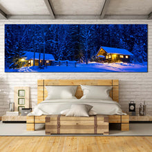 Load image into Gallery viewer, cabin  lights  at  dusk  1  piece  canvas  wall  art  yellow  forest  with  beautiful  blue  snowy  scenery  canvas  print  for  bedroom
