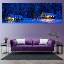 Load image into Gallery viewer, cabin  lights  at  dusk  1  piece  canvas  wall  art  yellow  forest  with  beautiful  blue  snowy  scenery  canvas  print  for Living Room
