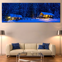 Load image into Gallery viewer, cabin  lights  at  dusk  1  piece  canvas  wall  art  yellow  forest  with  beautiful  blue  snowy  scenery  canvas  print In Living Room
