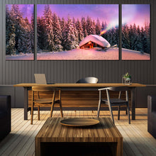 Load image into Gallery viewer, cabins  in  the  wilderness  canvas  print  blue  starry  sky  with  snow  capped  mountain  serenity  3  piece  wall  art In Dining Room
