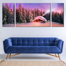 Load image into Gallery viewer, cabins  in  the  wilderness  canvas  print  blue  starry  sky  with  snow  capped  mountain  serenity  3  piece  wall  art  for Living Room
