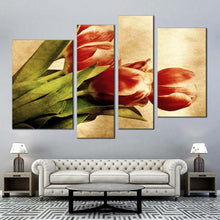 Load image into Gallery viewer, charming tulips quartet canvas print red vintage tulip flowers with green leaves in 4 piece canvas wall art for your Living Room
