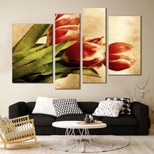 Load image into Gallery viewer, charming tulips quartet canvas print red vintage tulip flowers with green leaves in 4 piece canvas wall art In Living Room
